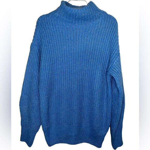 Alfani Blue/Silver Long Sleeve Boho Chunky Knit Mock-Neck Metallic Sweater - Picture 2 of 10